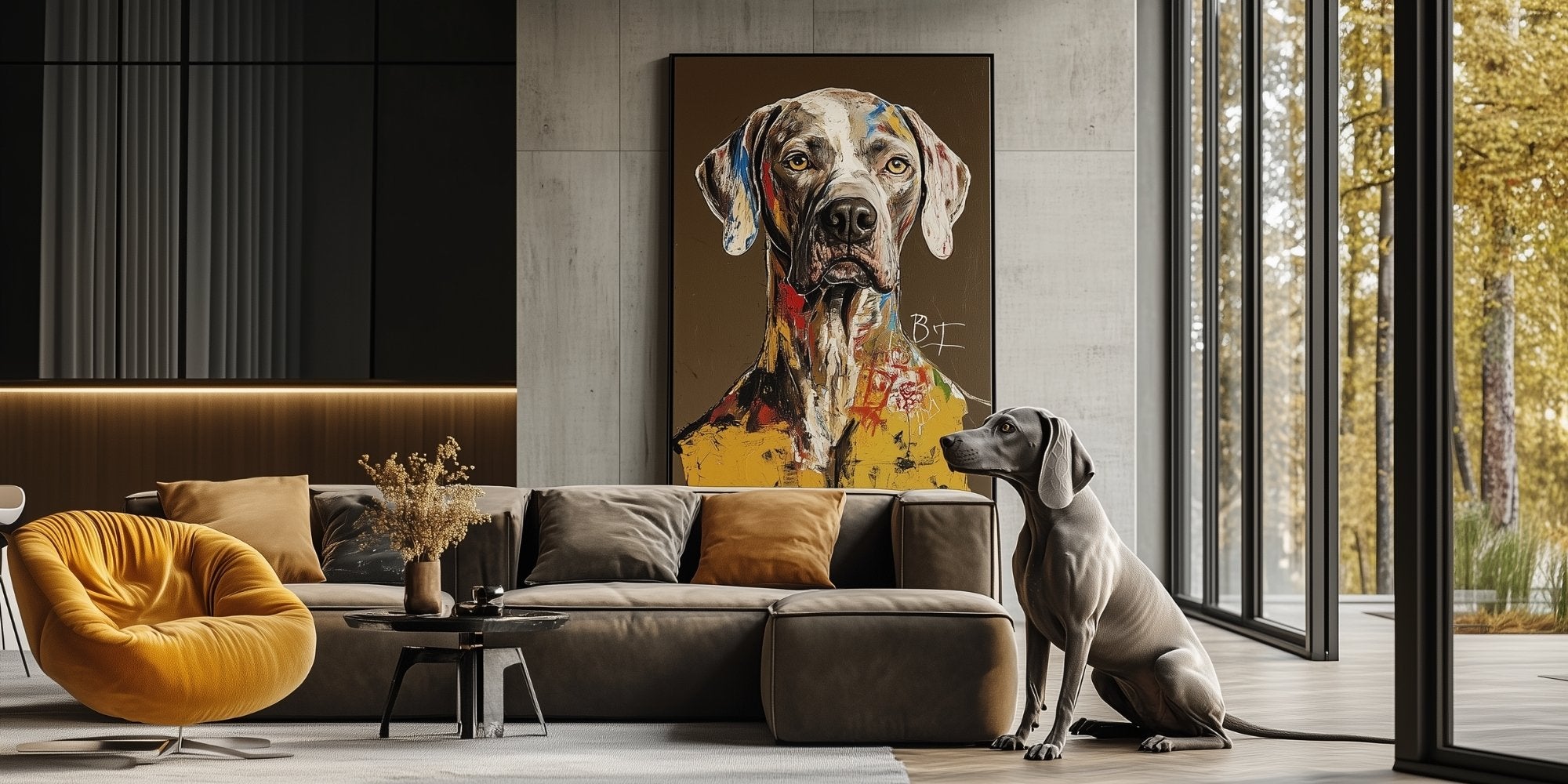 Dog sitting on a couch in a modern living room with a large dog portrait on the wall.